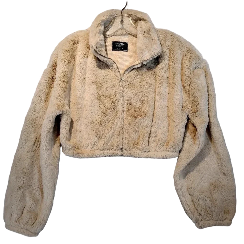 Streetwear Society SPC Soft & Fluffy Cream Cropped Teddy Jacket in Size Small